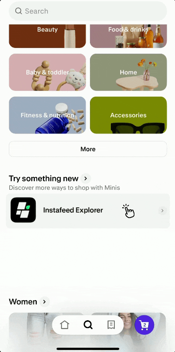 Animated GIF of a user exploring Instafeed on Shop, swiping through shoppable photos and videos.