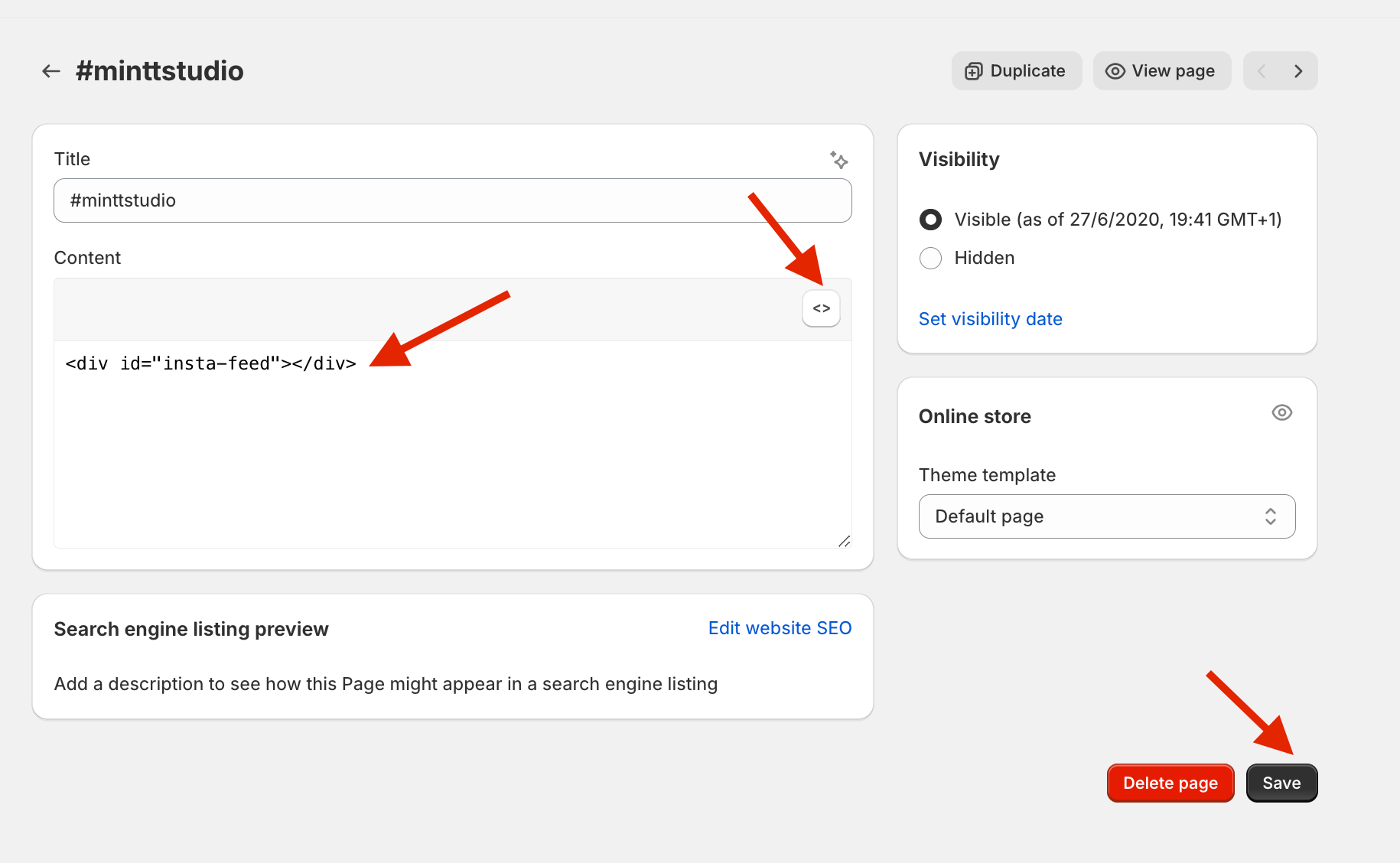 #minttstudio page on Shopify, with red arrows pointing to the code button, code content and save button.