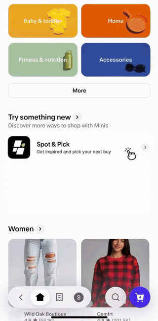 Spot & Pick shopping experience on Shop, showing shoppable videos.