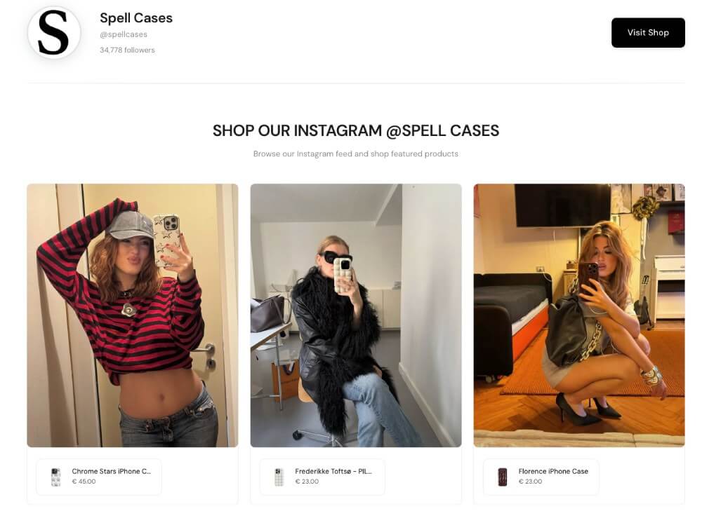 Feedpop powered by Instafeed, showing a link in bio style page with three shoppable Instagram posts.