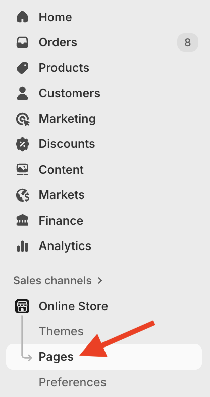 Shopify admin left menu, with a red arrow pointing to Online Store, Pages.