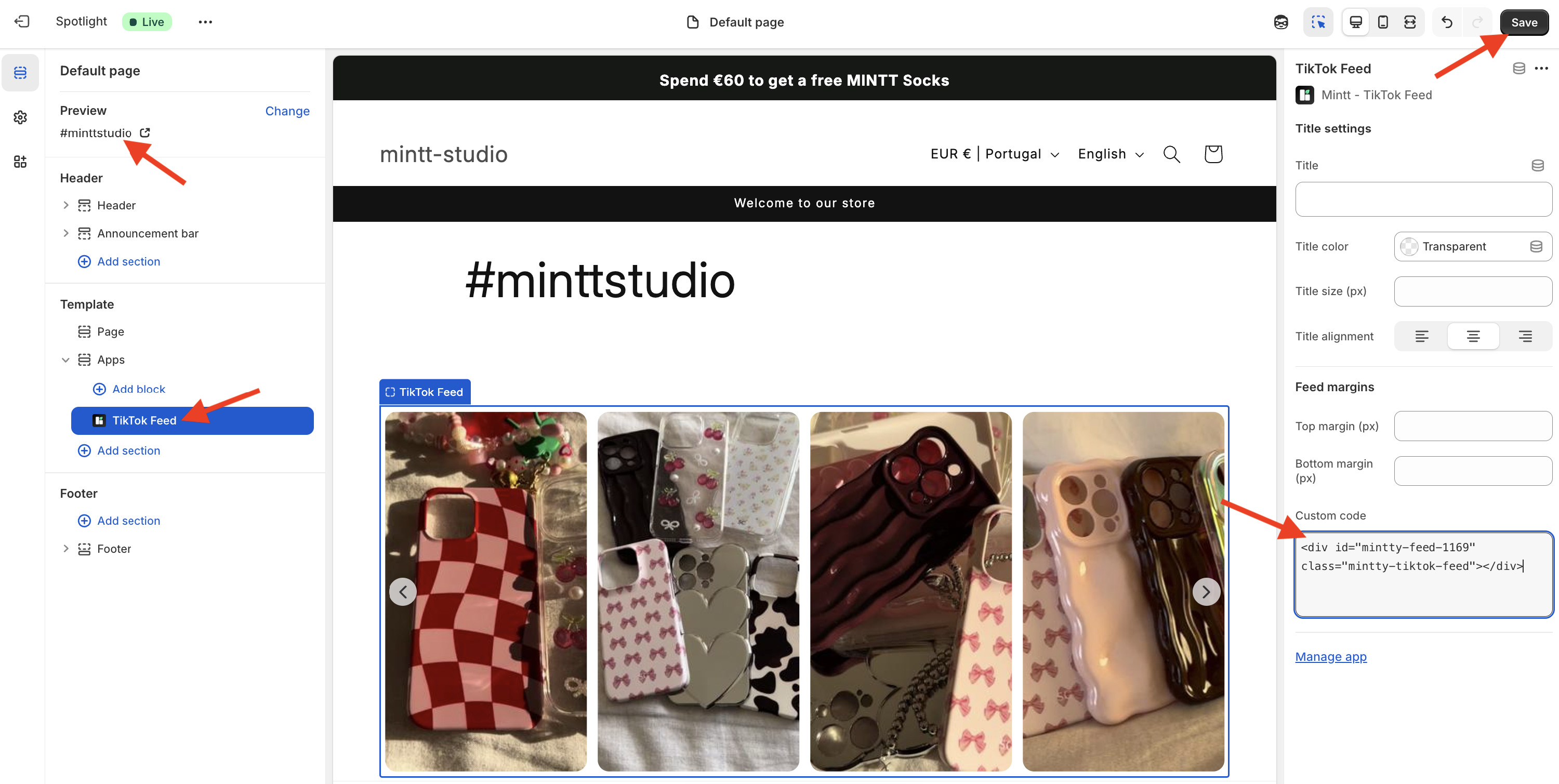 Shopify theme editor showing the TikTok Feed section, the current page, the feed code and the save button.