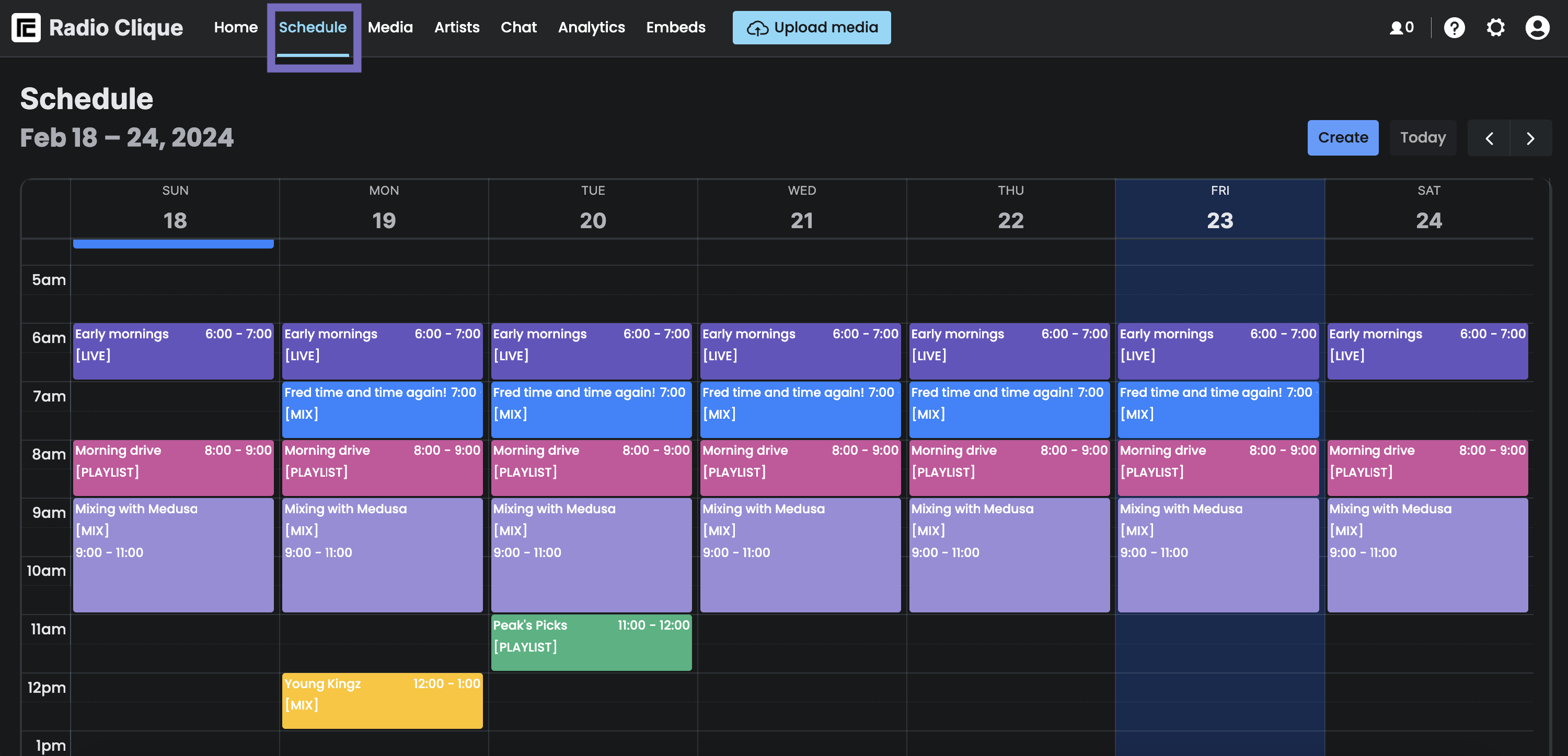 The schedule page