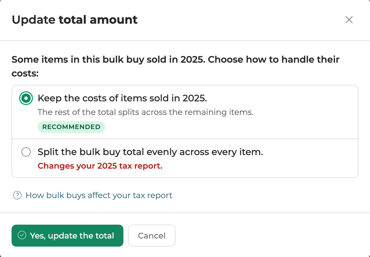 The keep-or-split choice, with Keep the costs of items sold in 2025 selected and marked Recommended.