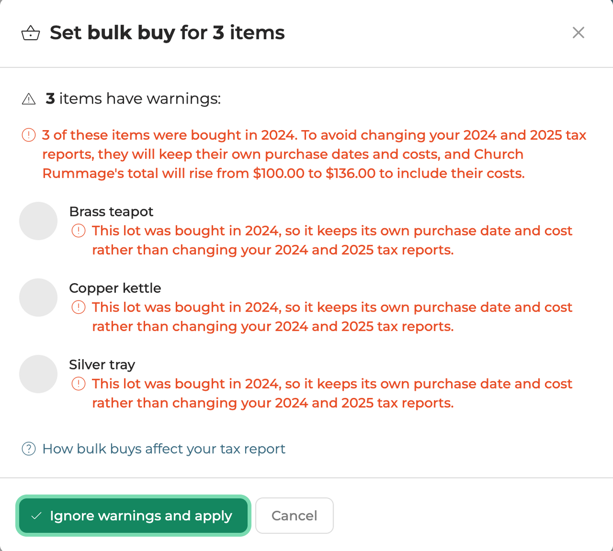 The Add to bulk buy review for 3 items bought in 2024, which keep their own purchase dates and costs while the bulk buy total rises to include them.