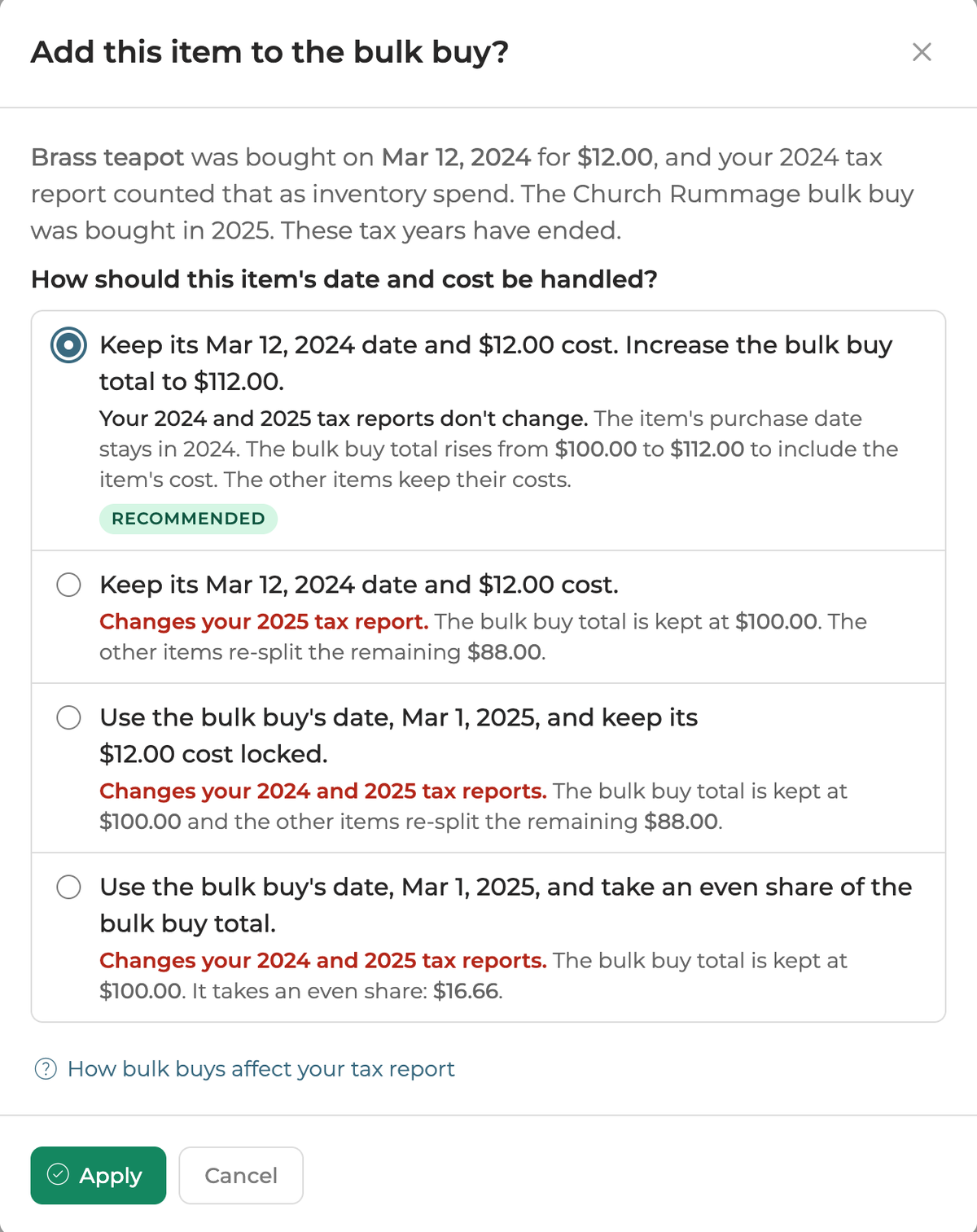 Adding a brass teapot bought in 2024 to a bulk buy bought in 2025, with four answers and the Recommended one selected.