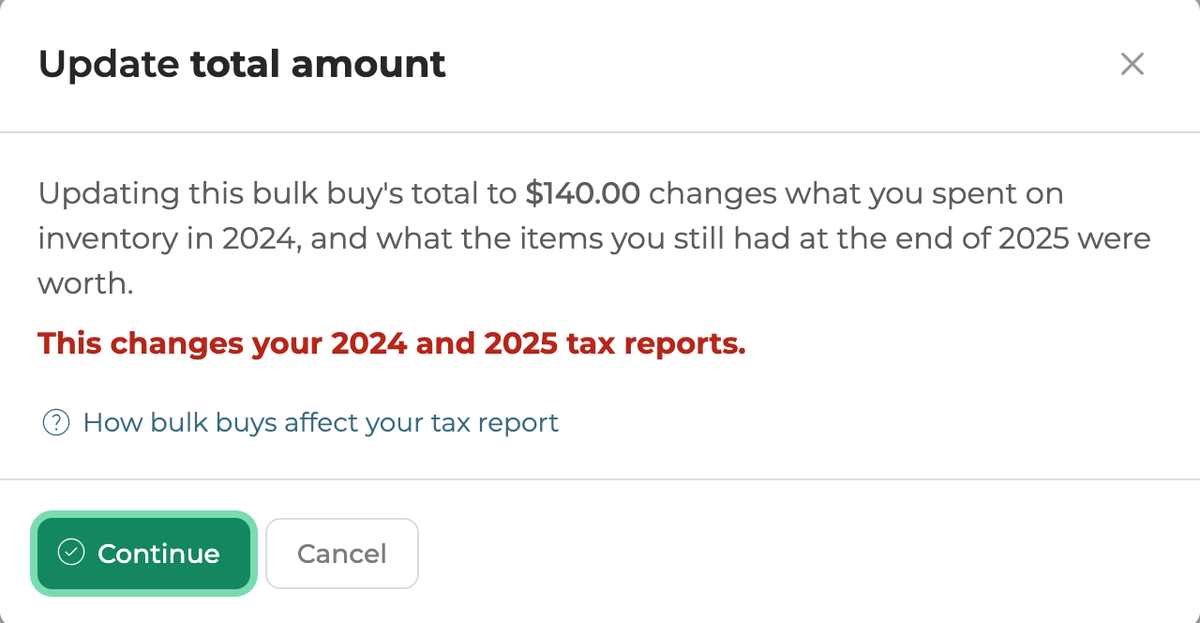 The Update total amount screen saying the new total changes what you spent on inventory in 2024 and the value of items on hand at the end of 2025.