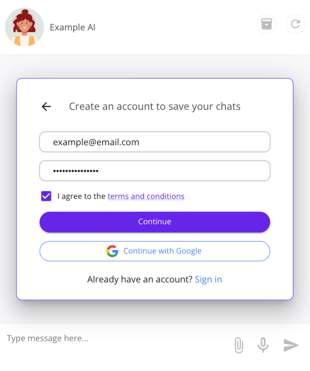 Create an account to save your chats box