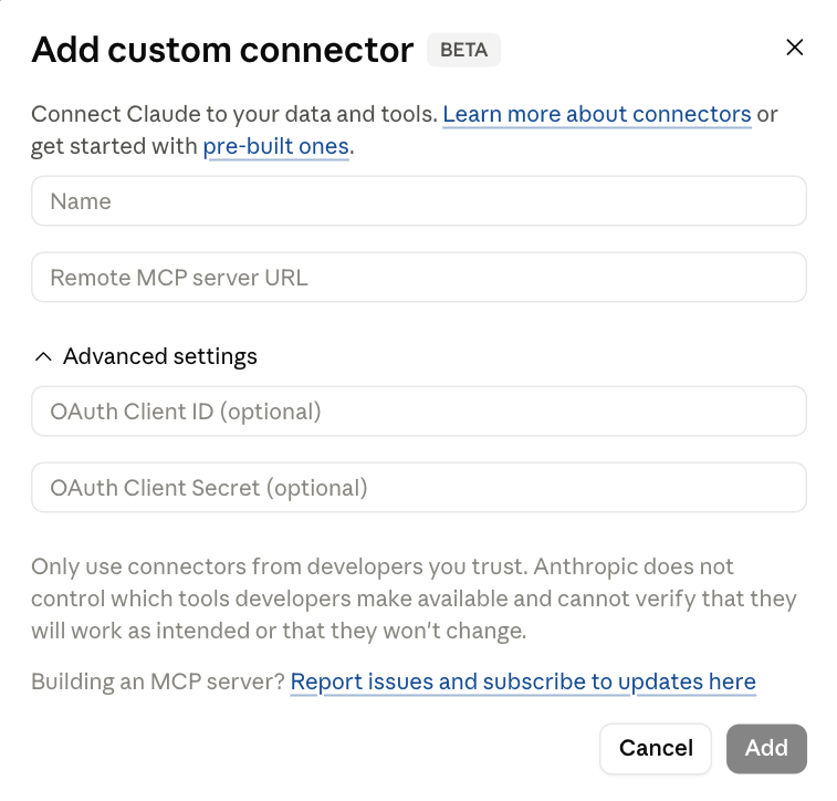Claude - Add customer connector form