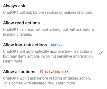 ChatGPT custom app permissions screen