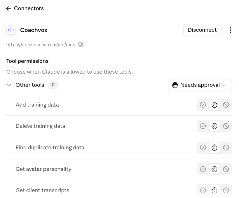 Claude connector tools and permissions screen