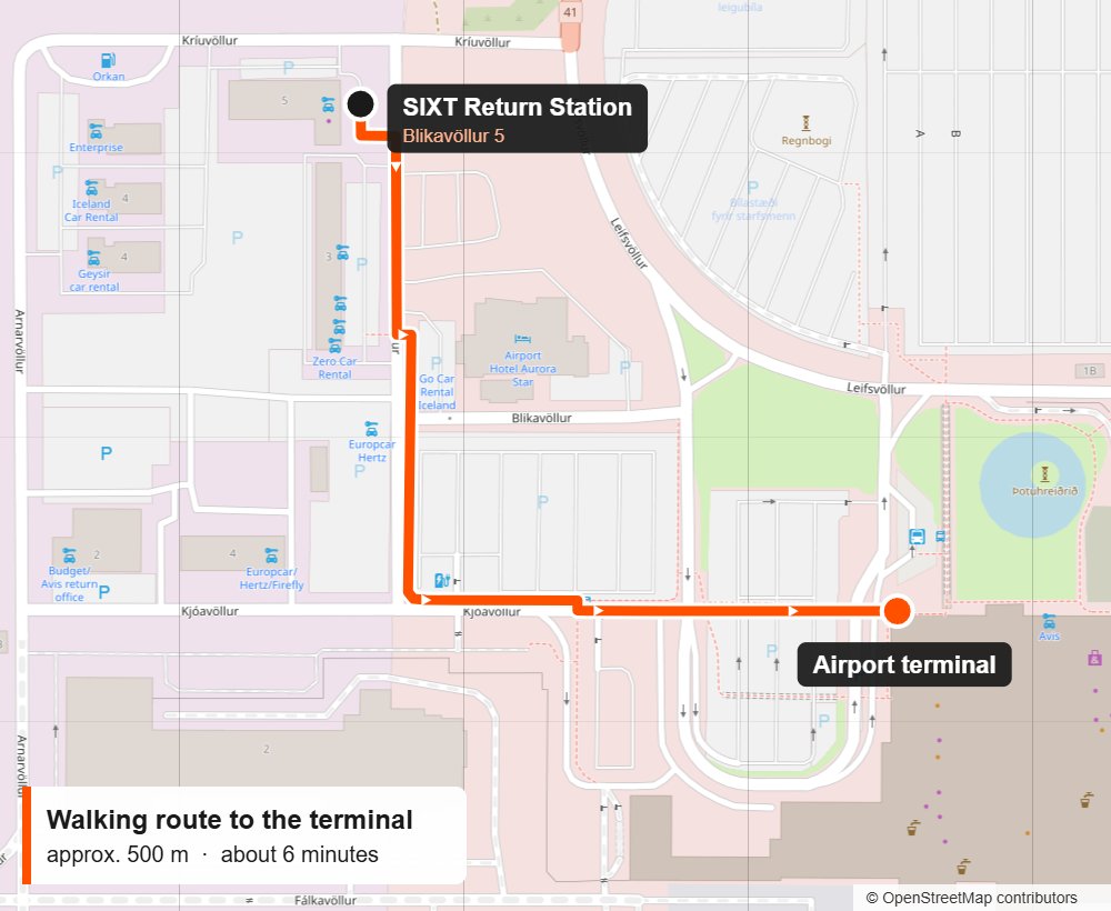 Walking route from SIXT Return Station to the airport terminal