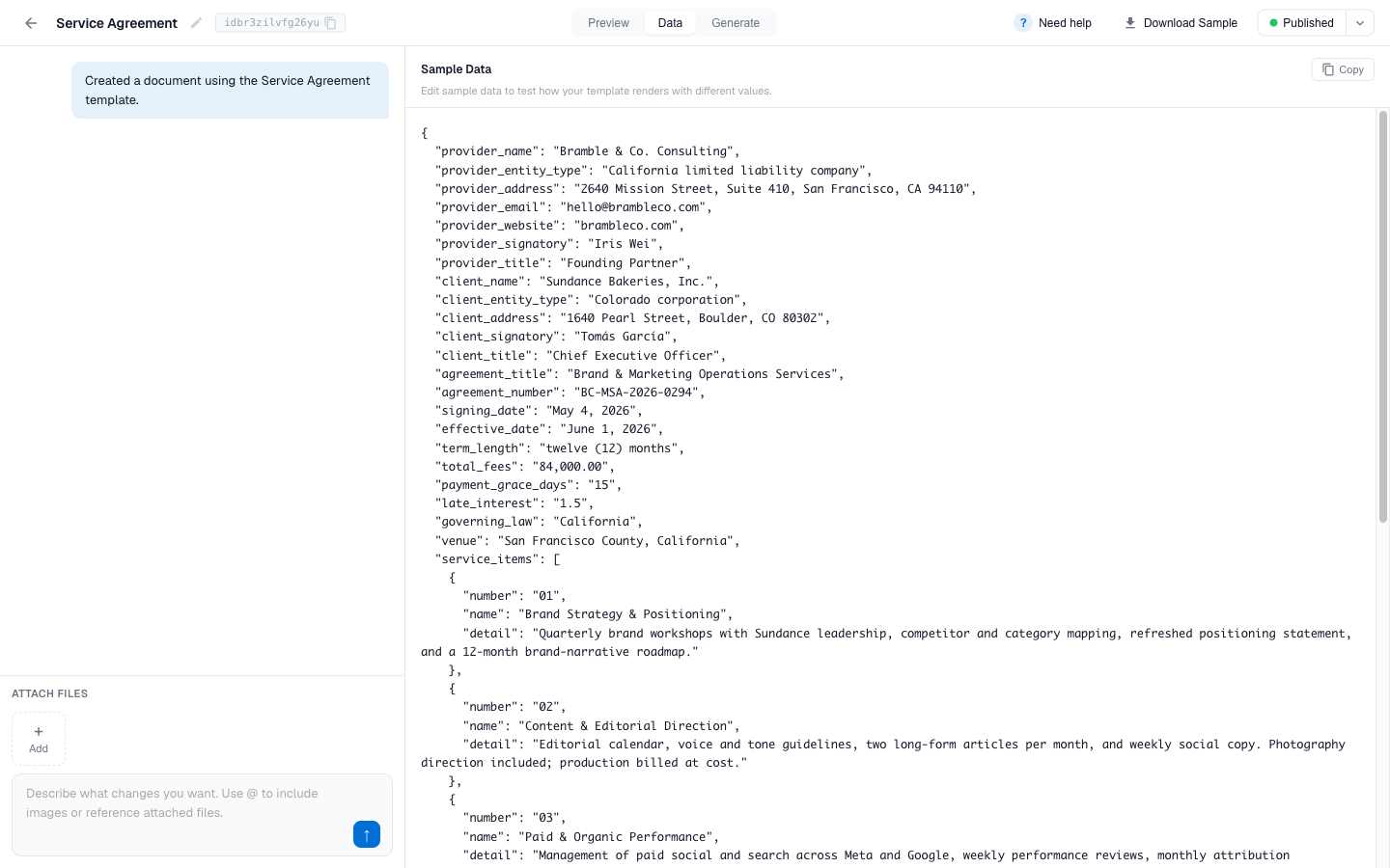 The Data tab showing editable sample JSON