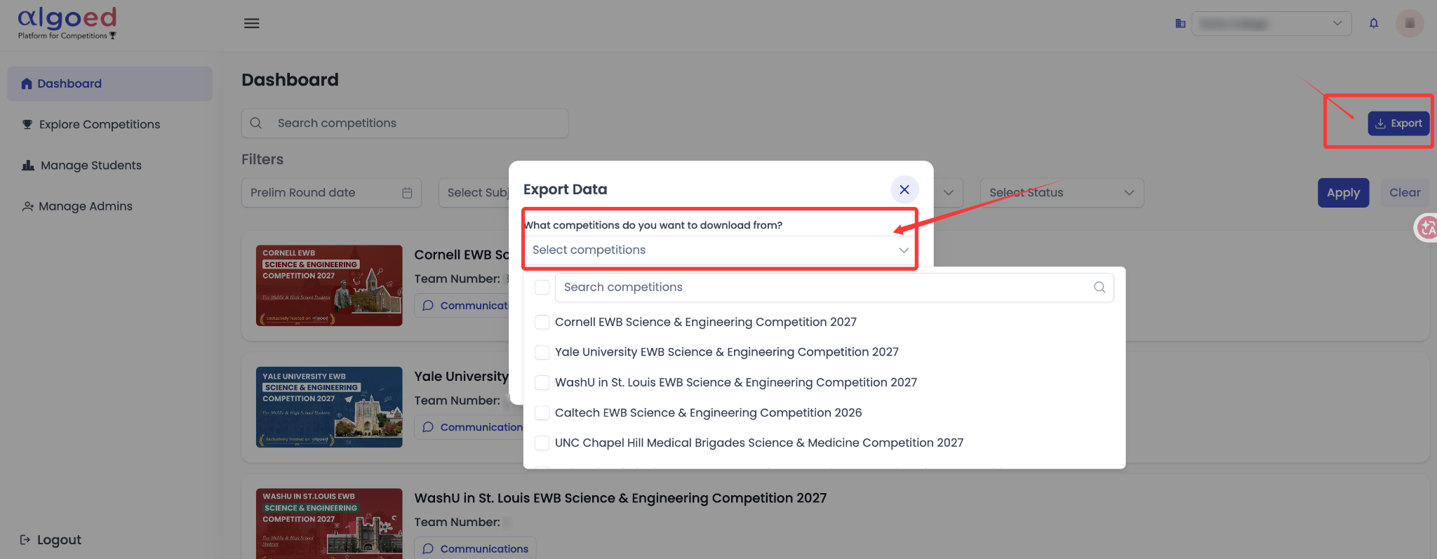 Export multiple competitions