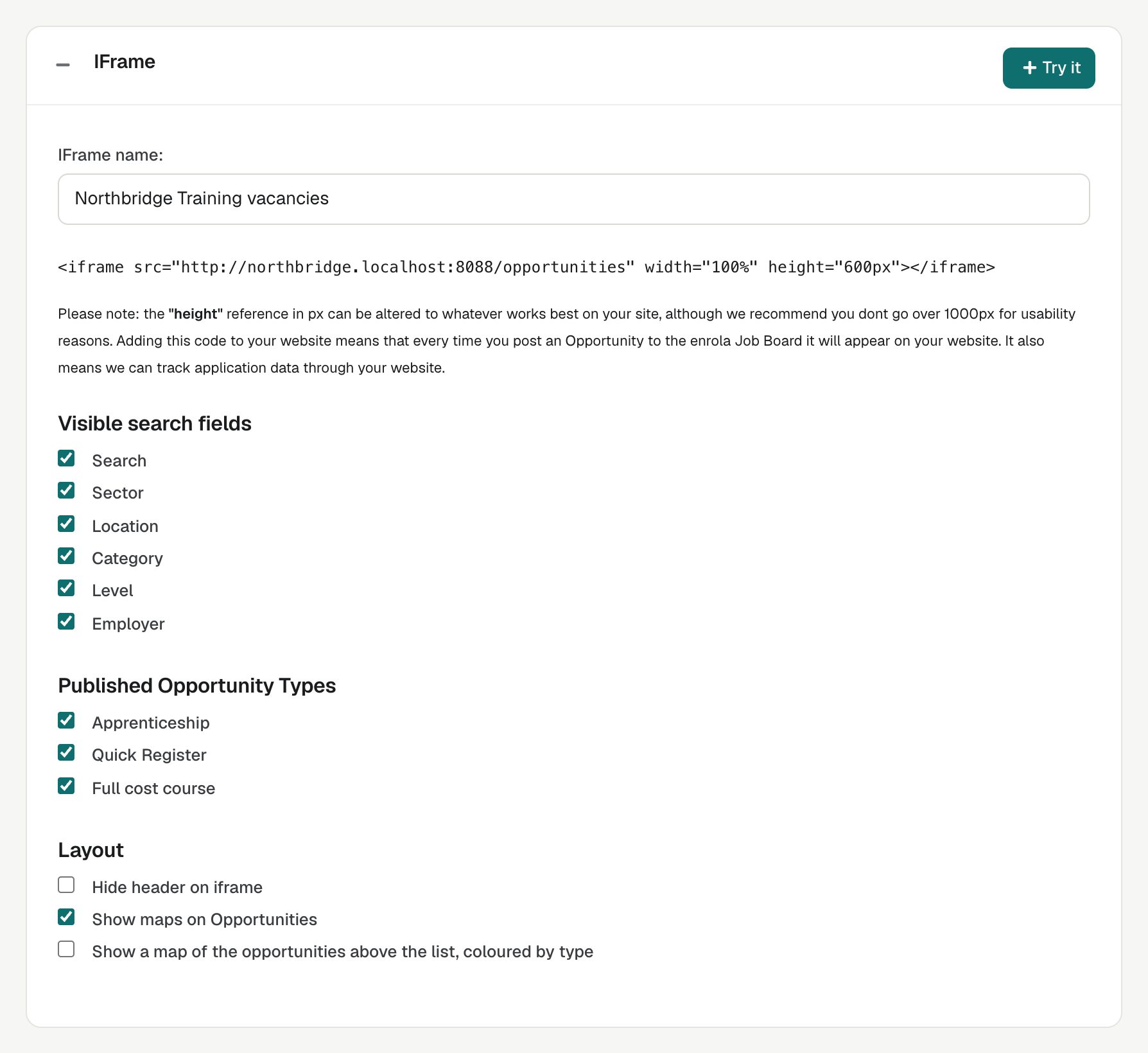 Settings → Website iFrame, with the iFrame name, the embed code, and tick boxes for search fields, Opportunity types and layout.