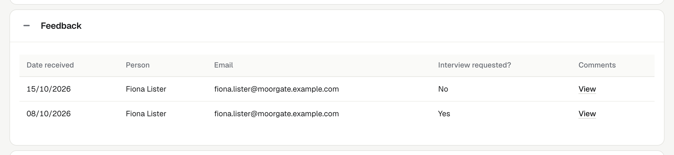 The Feedback panel on an Application, with a row per piece of employer feedback and a View link for comments.