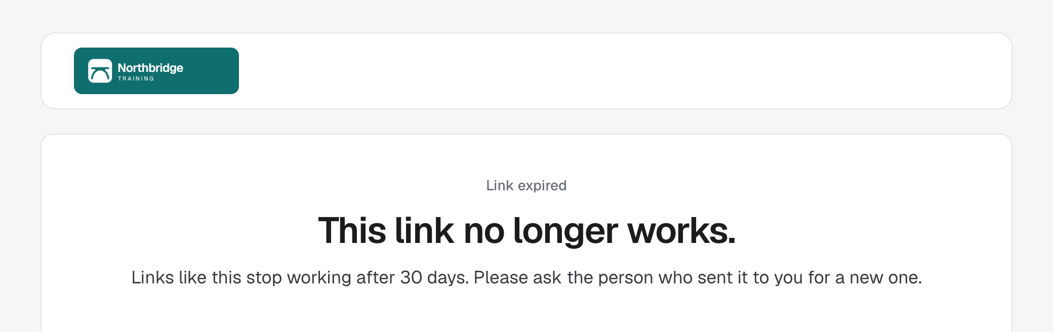 The page an employer sees when a shared profile link has expired, with the heading This link no longer works.