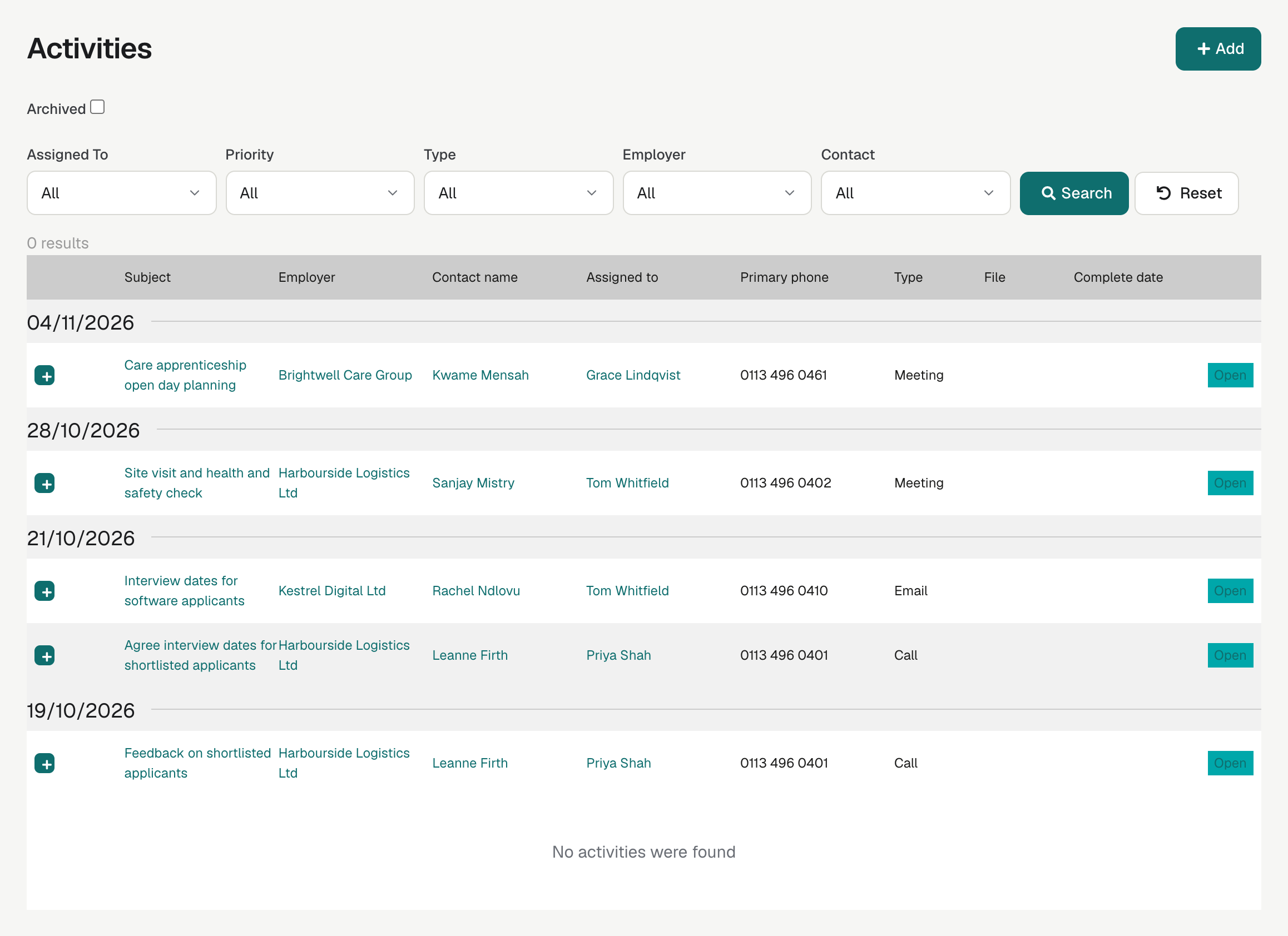 The Employers Activities list, grouped by due date, with filters for Assigned To, Priority, Type, Employer and Contact.