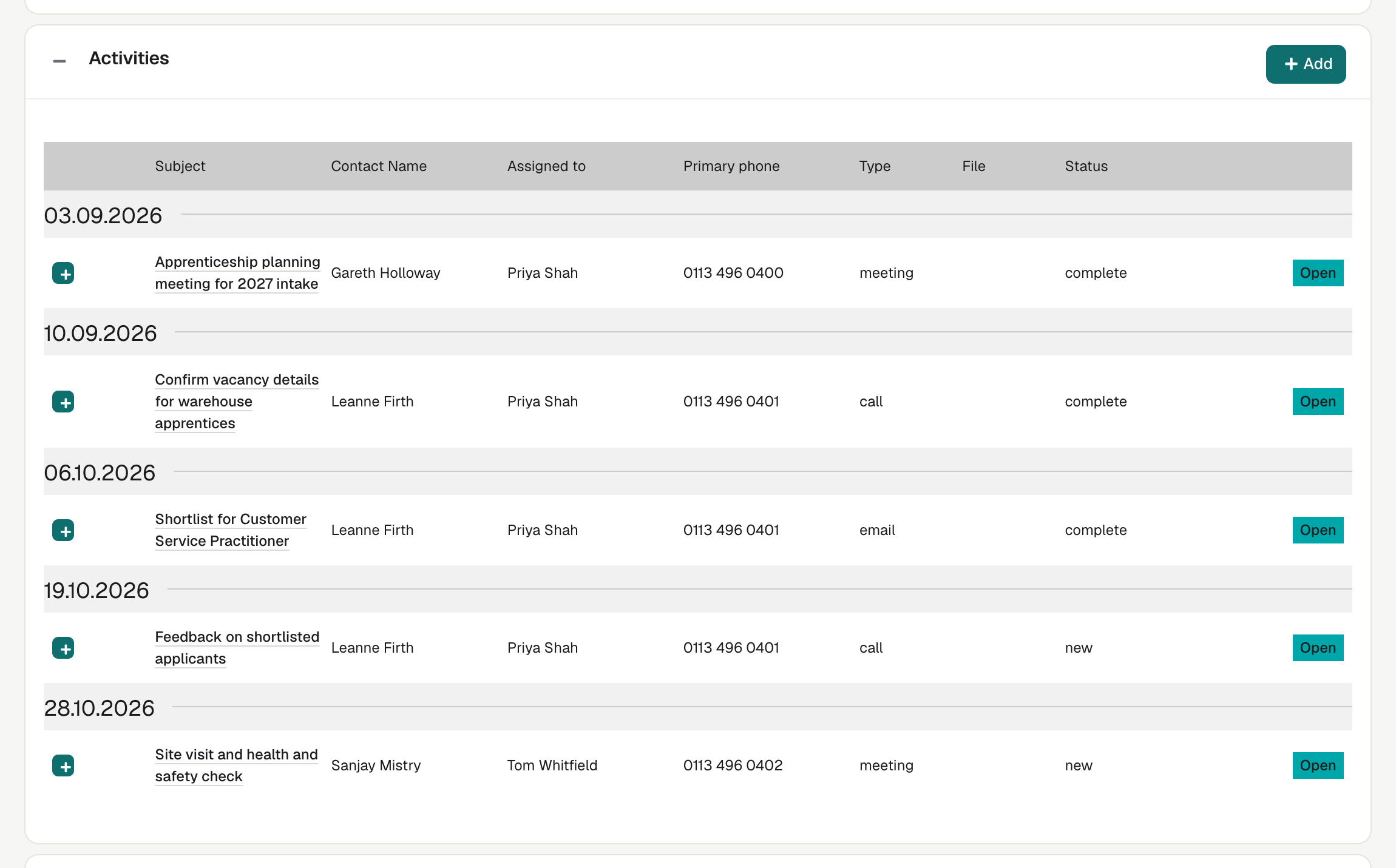 The Activities panel on an Employer record, with activities grouped by due date, showing subject, contact, assigned person, phone, type and status.