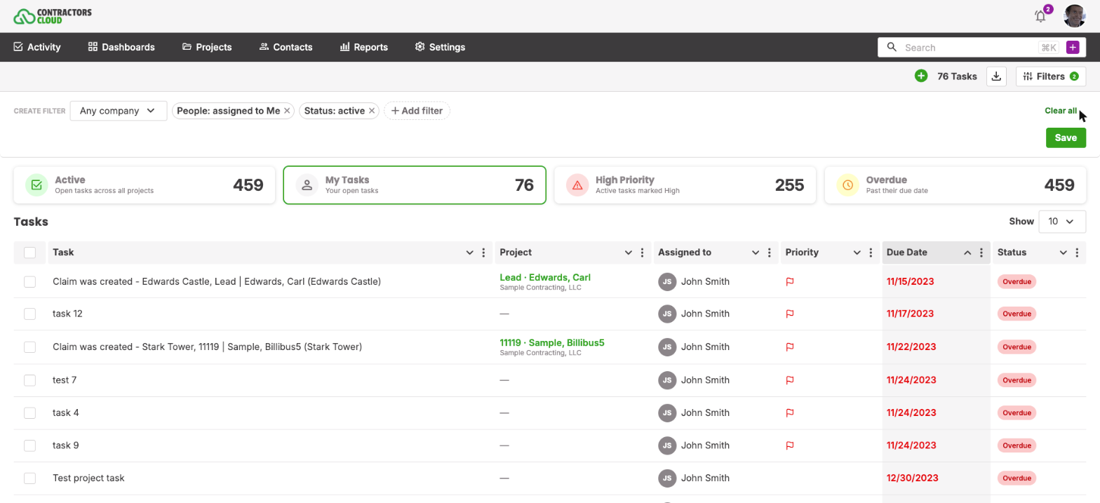 Tasks page: quick views, stat cards, and the task list