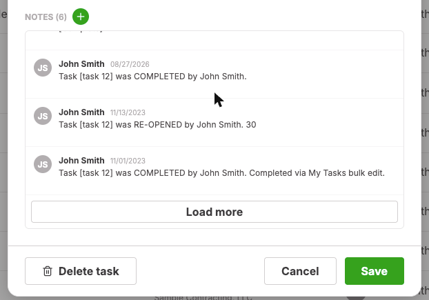 Edit Task dialog: NOTES feed and the Delete task / Cancel / Save footer