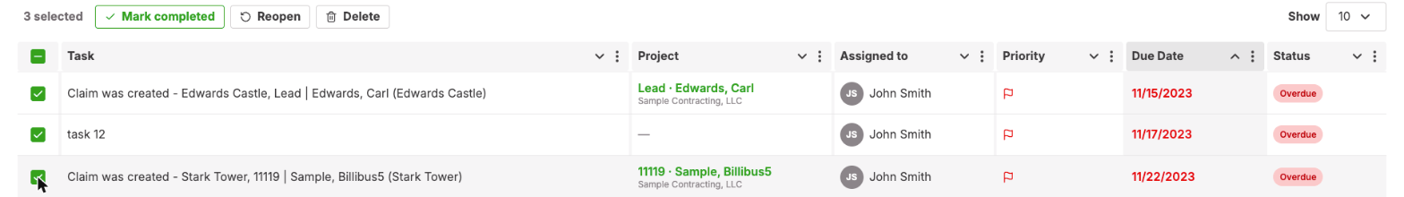 Bulk action bar with several rows selected