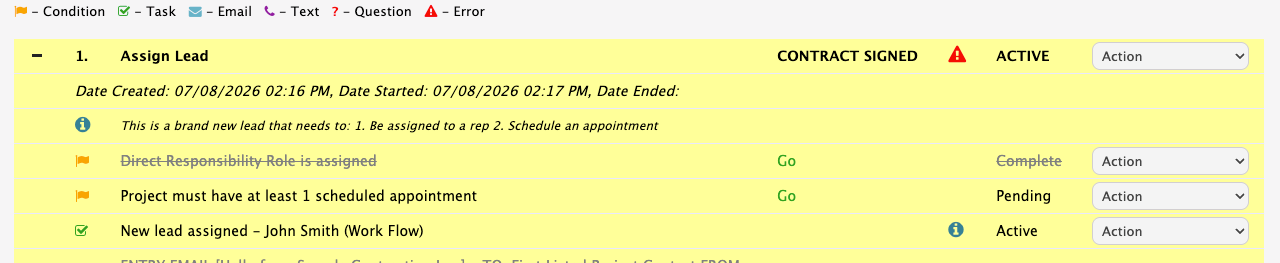 Project Workflow page: a milestone with its task row and Action menu