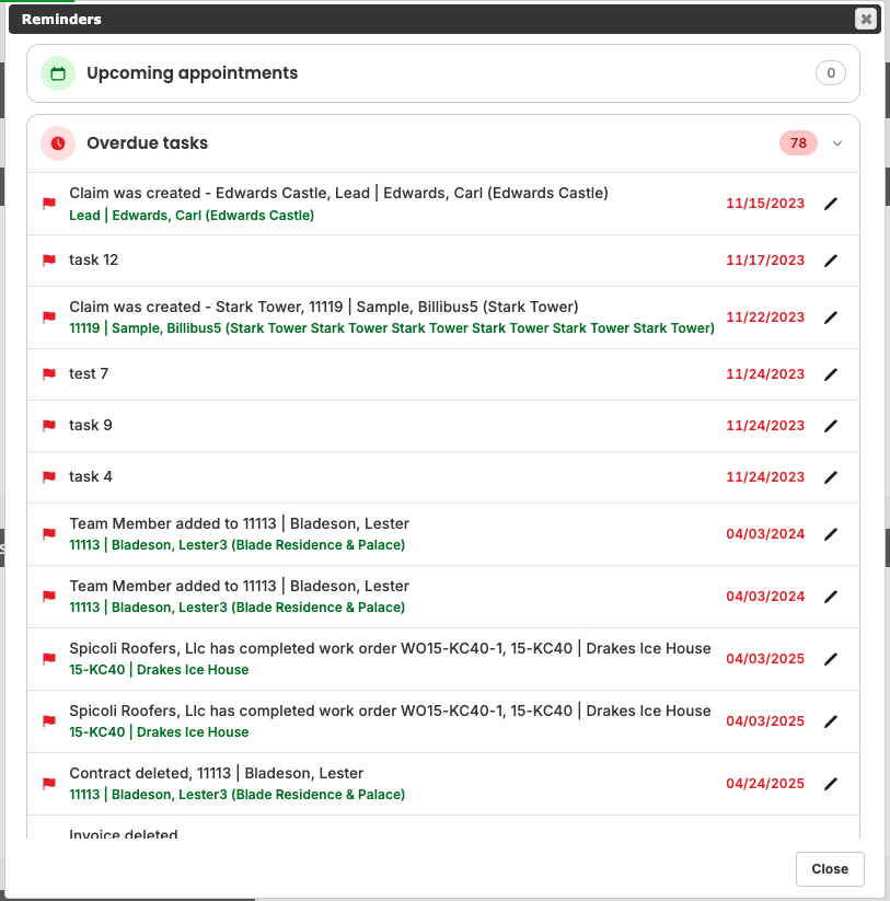 Reminders window with Overdue tasks and Due today