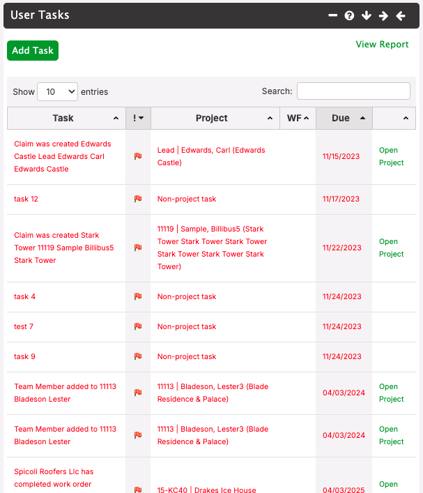 My Dashboard Old: the User Tasks widget with Add Task