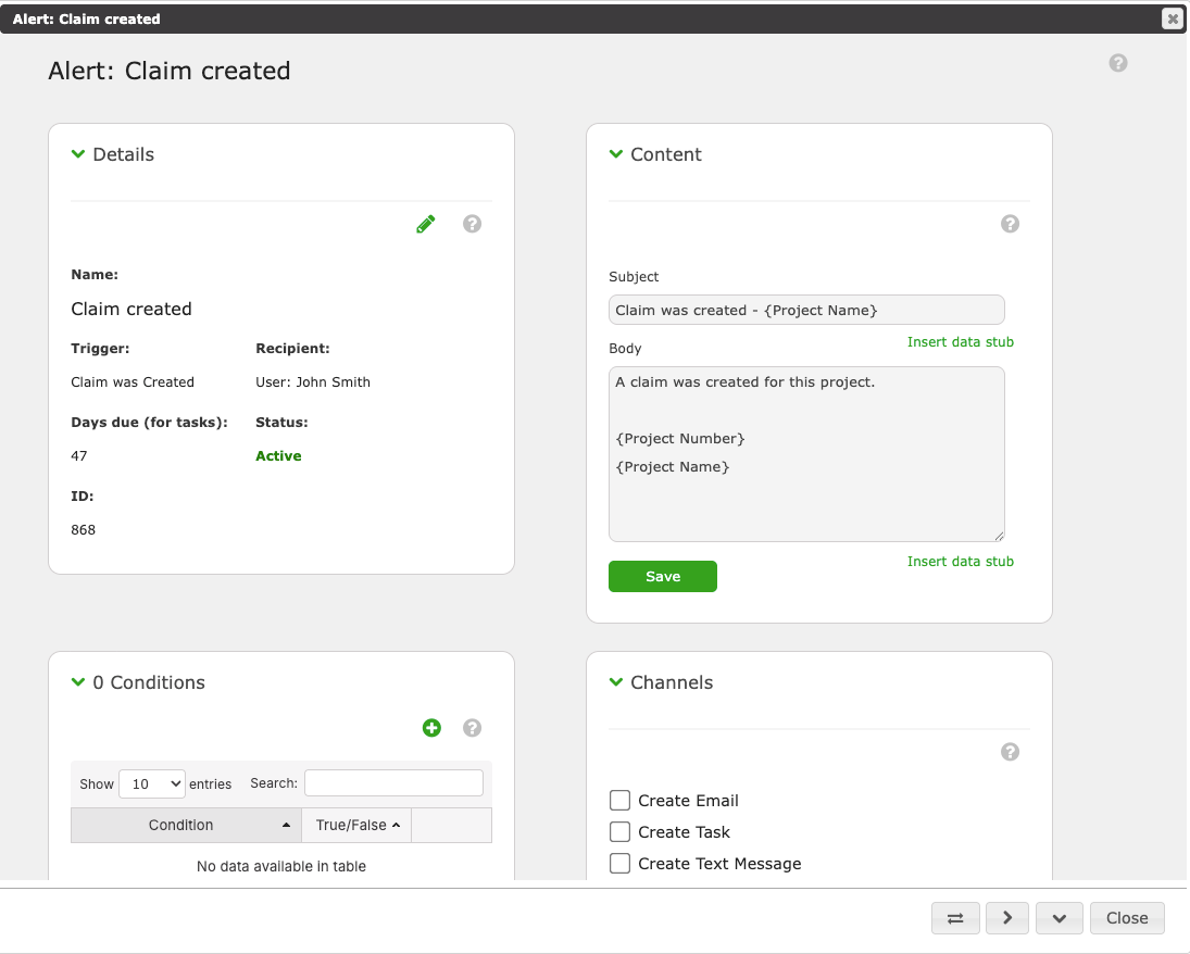 A Custom Alert's detail form: Details with Days due (for tasks), and Channels with Create Task