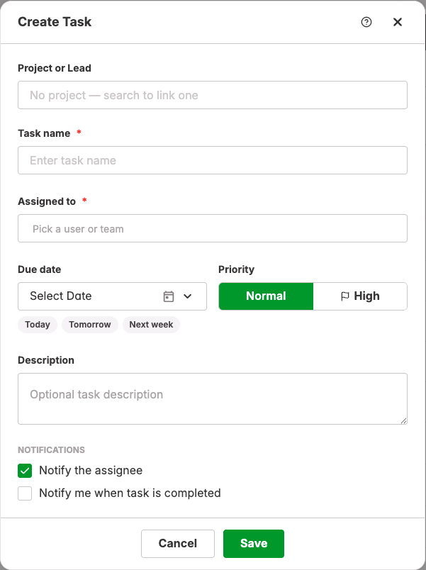 Create Task dialog with every field visible