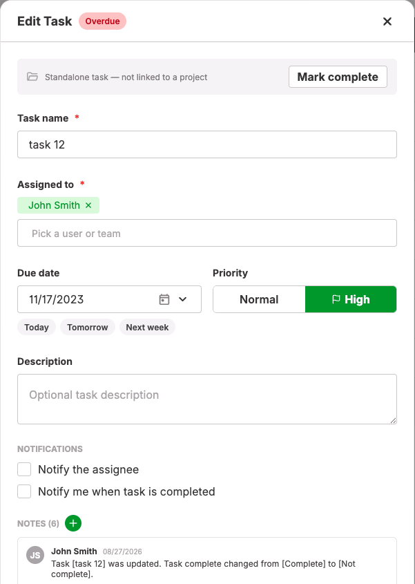 Edit Task dialog: status badge, Mark complete, fields