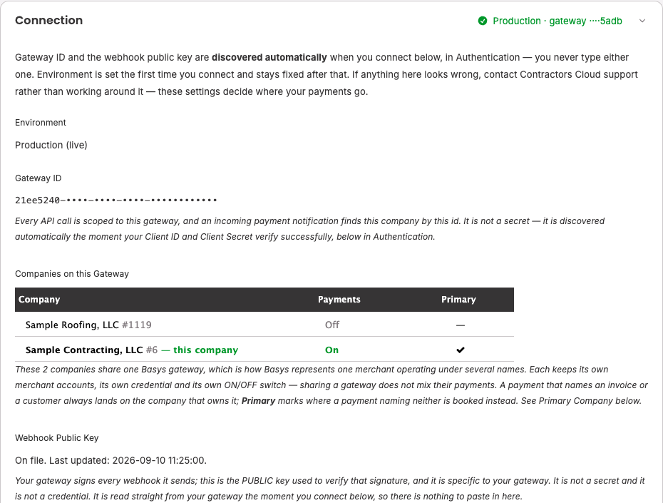 Settings → Integrations → Payment Processing: Connection card