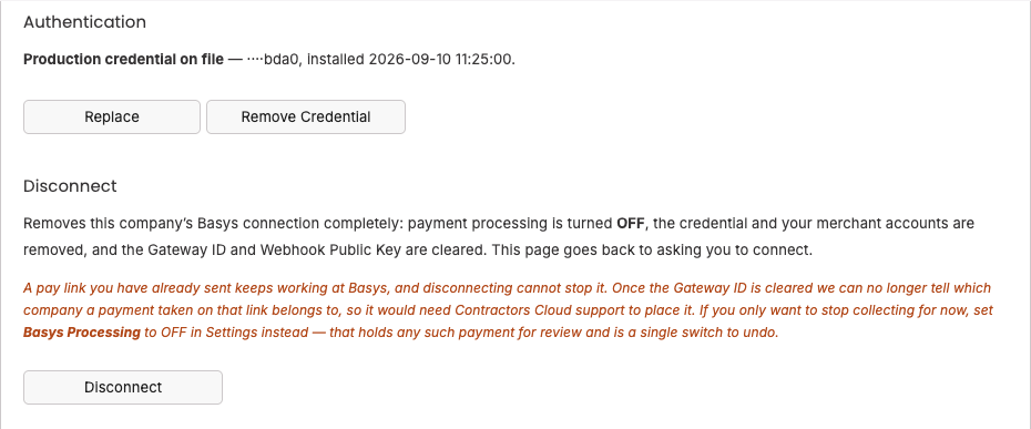 Authentication sub-section, credential masked, with Replace / Remove Credential