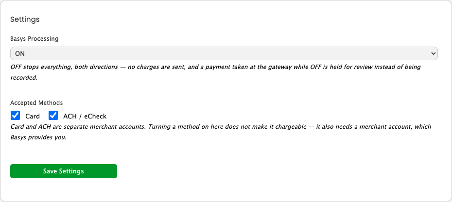 Settings → Integrations → Payment Processing: Settings card