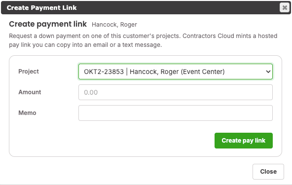 Create Payment Link dialog, empty form