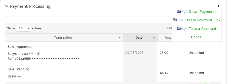 Customer account → Payment Processing card with action menu open