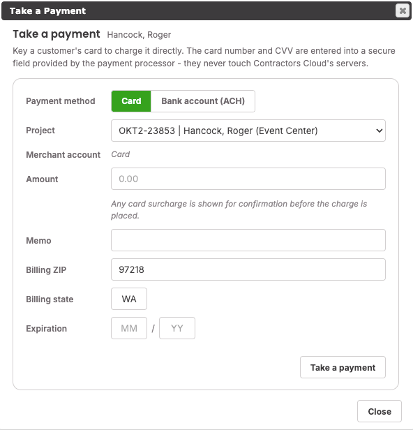Take a Payment, card form before Take a payment