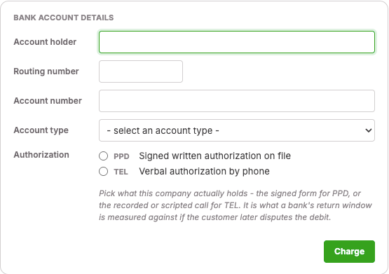 Take a Payment, Bank account (ACH) form, empty
