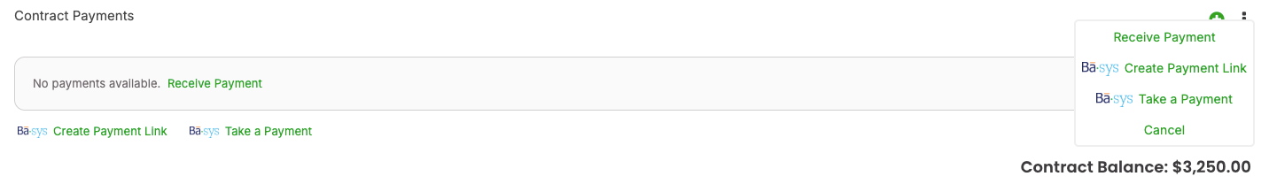 Contract Payments card action menu (Receive Payment / Create Payment Link / Take a Payment)