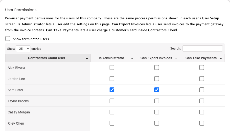 User Setup permission grid, the three Basys rows