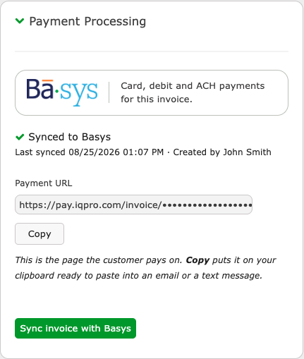 Invoice dialog → Payment Processing section, synced state (Payment URL masked)
