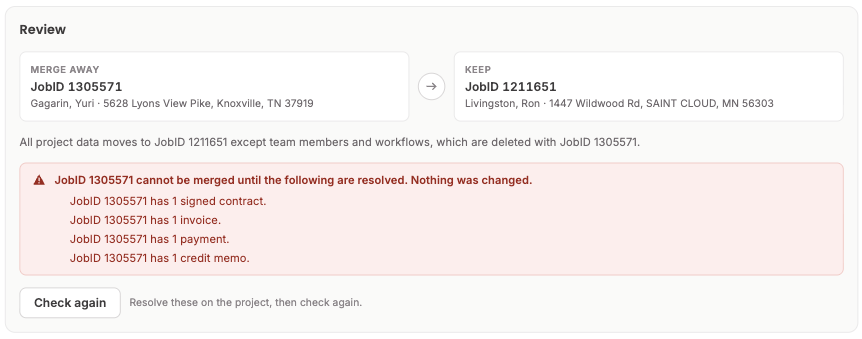 A blocked project merge listing each reason