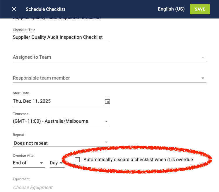 Checklist scheduling form with the 'Auto discard' option circled