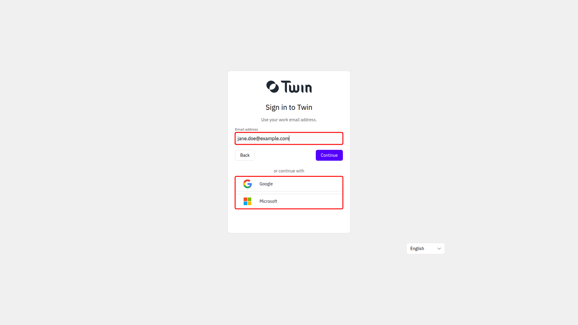 Twin sign-in page with the email address field and the Google and Microsoft buttons