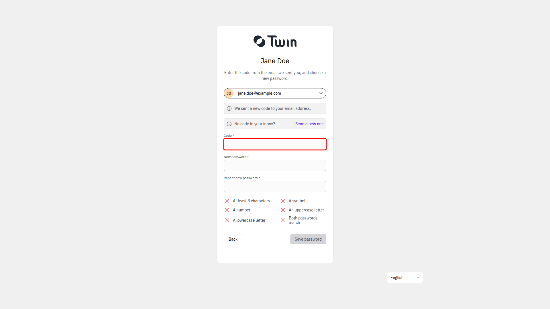 Password reset screen with the code field, the new password fields and the password requirements