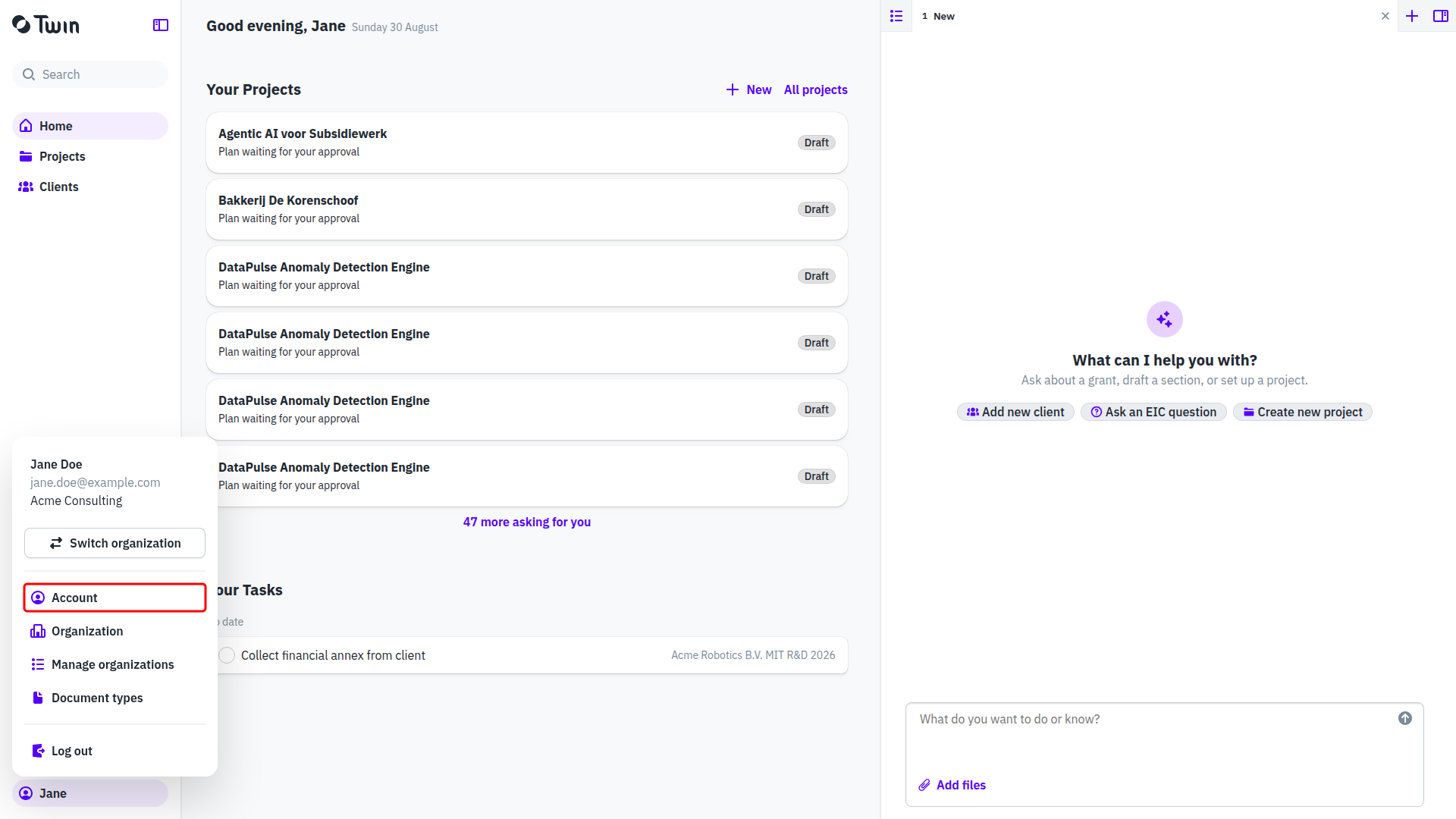 User menu at the bottom of the left sidebar with Account highlighted