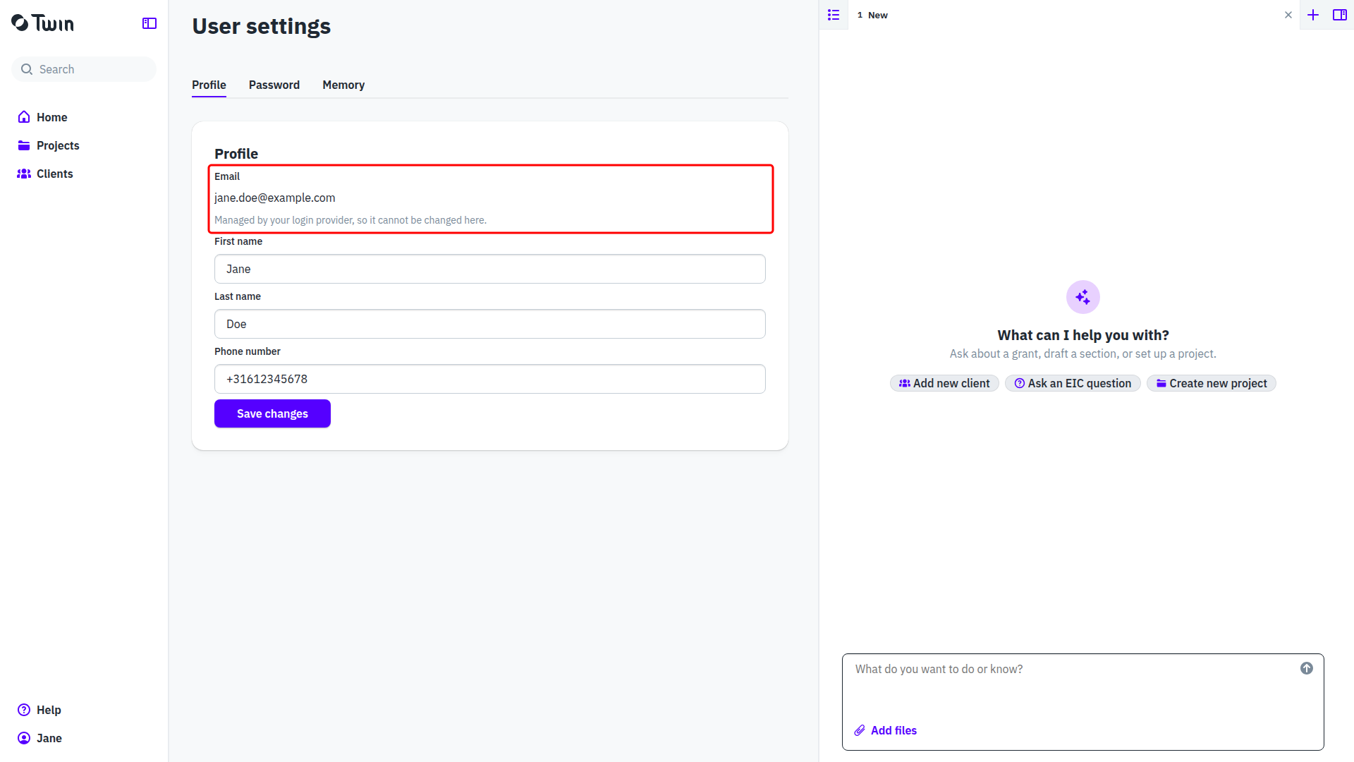 Profile tab with the read-only email address and the name and phone number fields