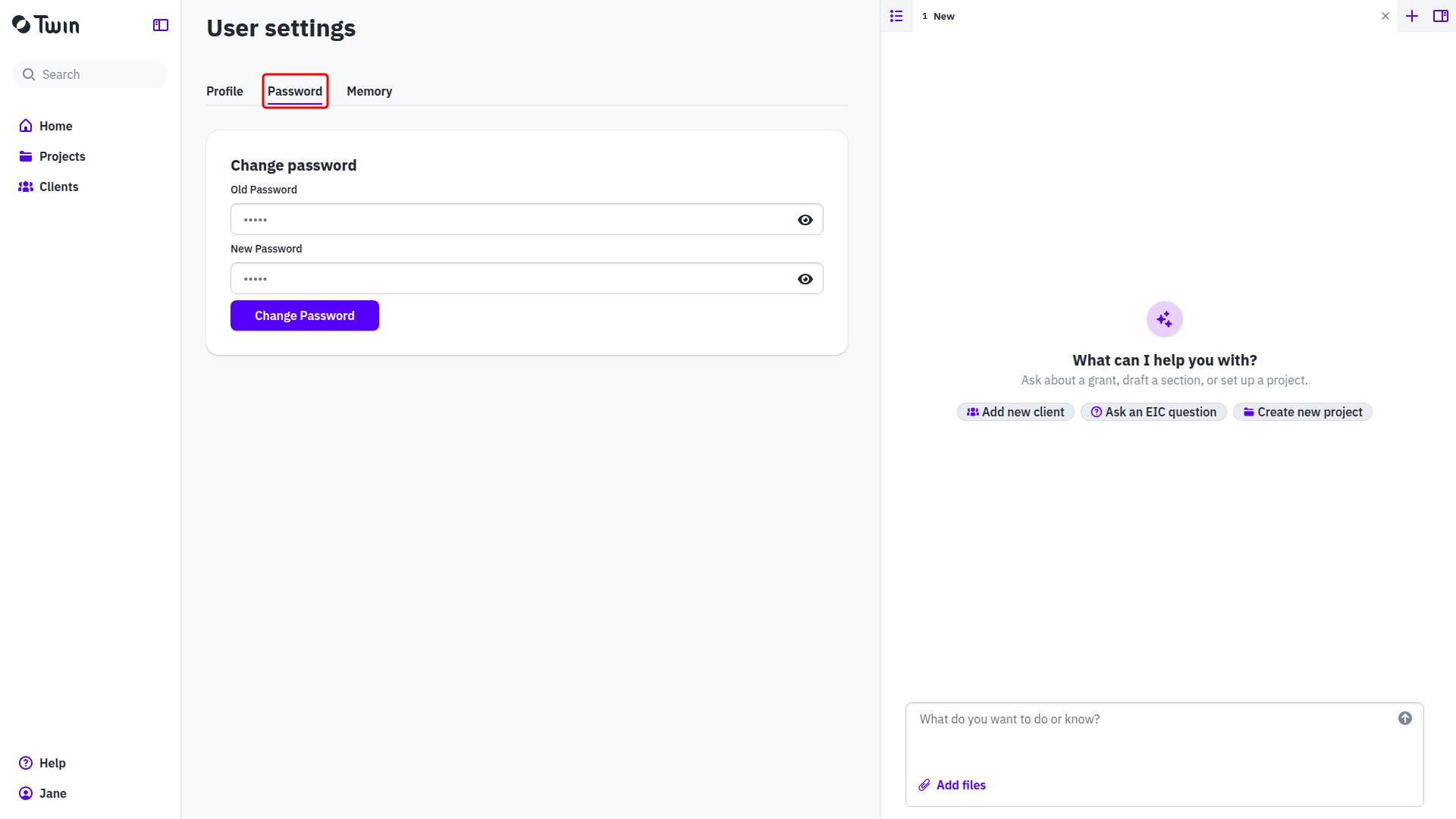 Password tab with the Old Password and New Password fields