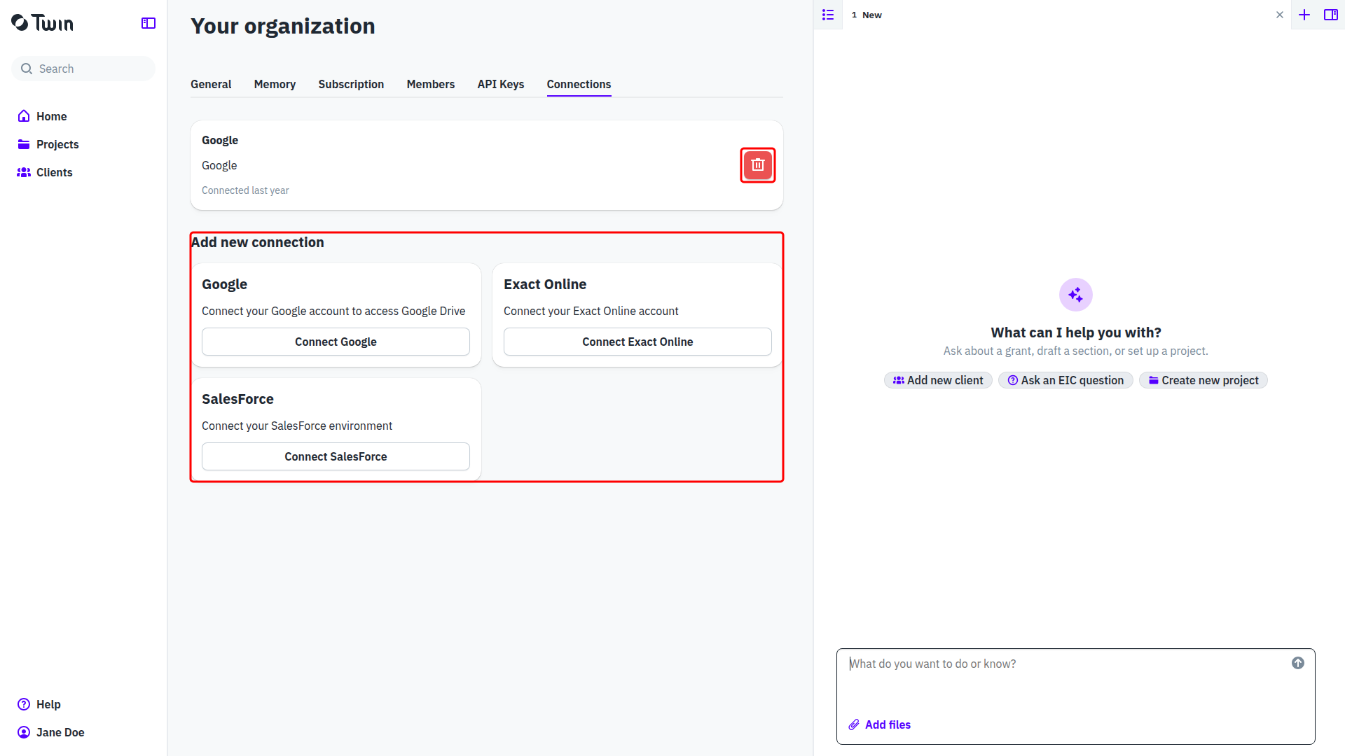 The Connections tab: an existing Google connection at the top and the Add new connection cards for Google, Exact Online and SalesForce